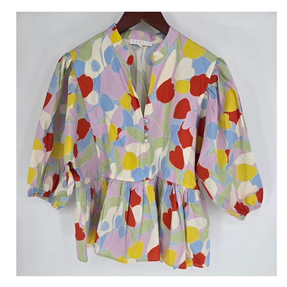 Karlie Mosaic Poplin Puff Sleeve Multicolor Top Women's M